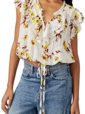 Free People One Naya Floral Crop Top Shirt Blouse Gauze Stretch Size Large